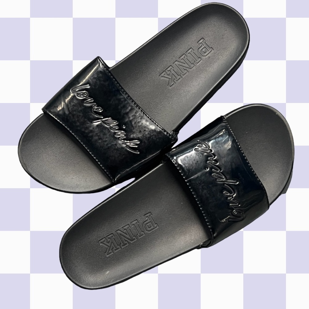 Victorias Secret Pink black patent slides size m (7-8) never worn comfy and cute